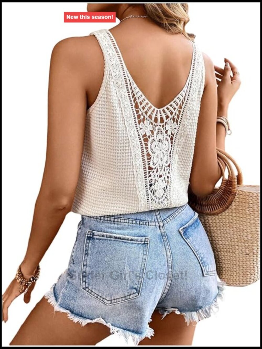 Women's Crochet Floral Lace Tank Top V-Neck Sleeveless Waffle Knit Boho Beach